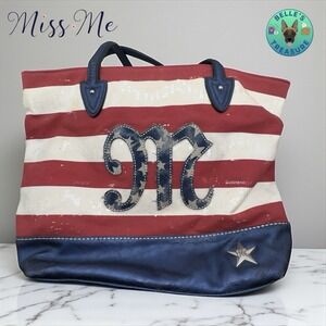 Miss Me Tote Bag Anerican USA Flag Pattern Leather & Canvas Handbag Y2K Purse‎
